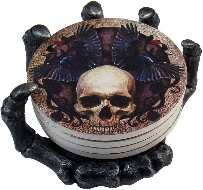 DWK - Helping Hand - Beautiful Gothic Skull Beverage Coasters with Creepy Skeleton Hand Holder for Halloween Home Kitchen Dining and Bar DÃ©cor Accent, 5.5-inch - Image 1